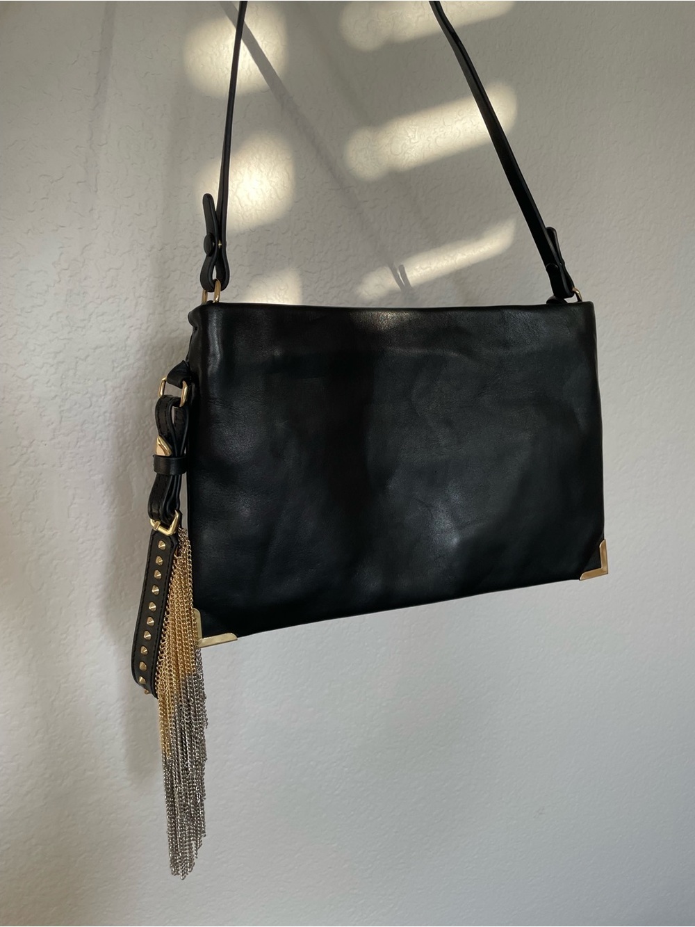 Rare Zara Spring/Summer ‘12 Black 100% Leather Shoulder Bag Studded Chain Clutch
